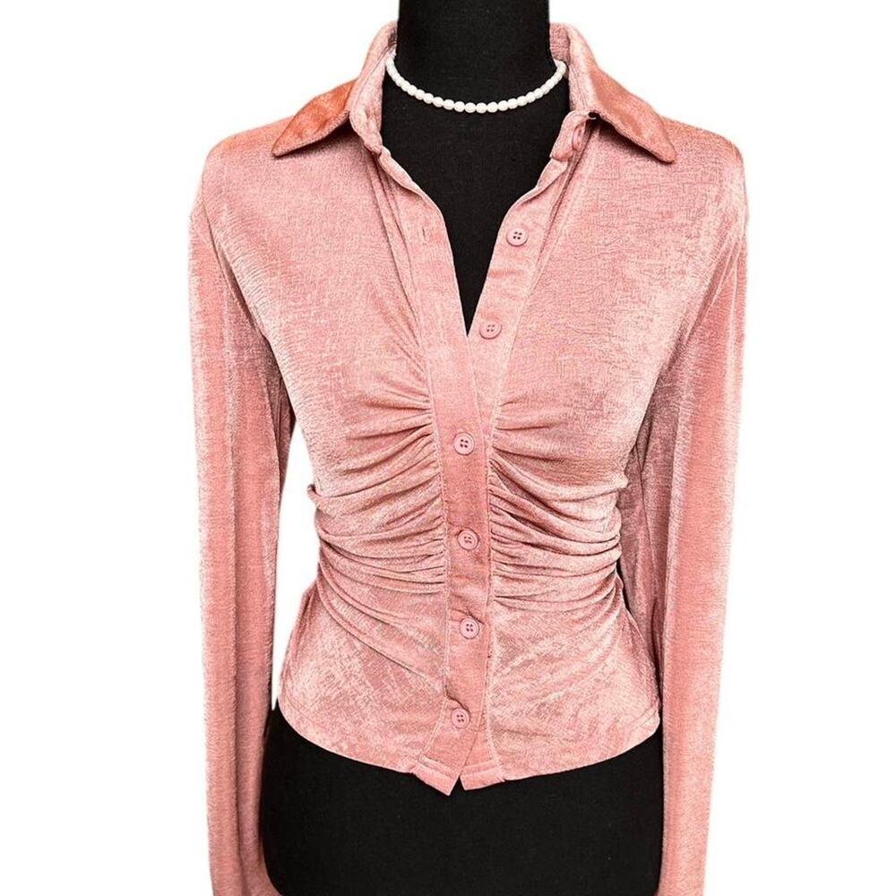 Ruched Button Front Long Sleeve Top Plum Fitted Collared Women’s Large